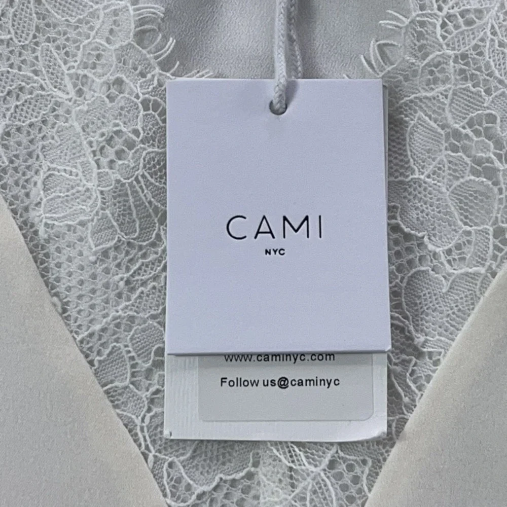 Cami NYC Top Women Medium White 100% Silk Long Sleeve V-Neck Lace Trim NEW - Picture 5 of 15